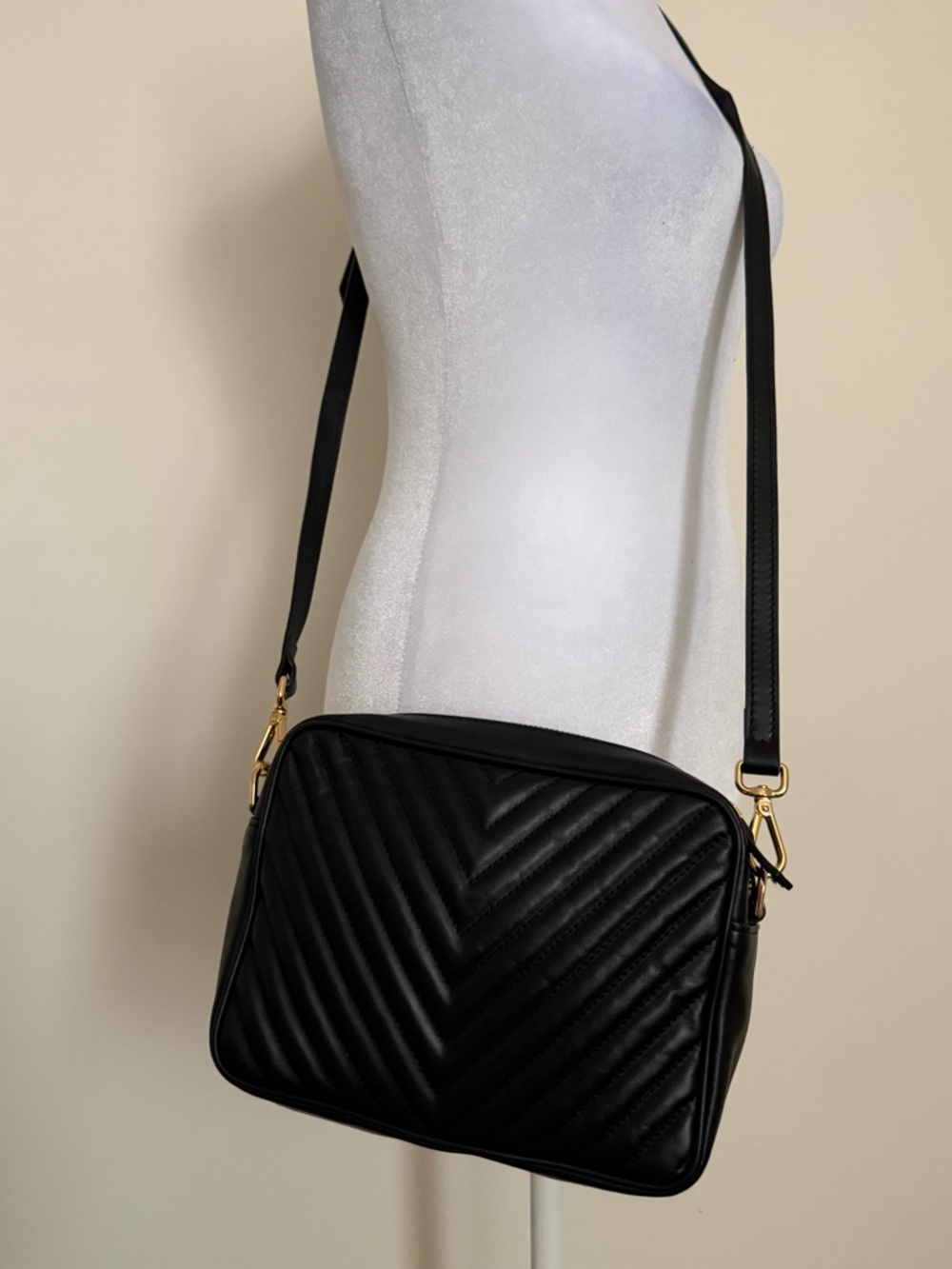 Quince Black Quilted Leather Chevron Crossbody Bag with Gold Hardware